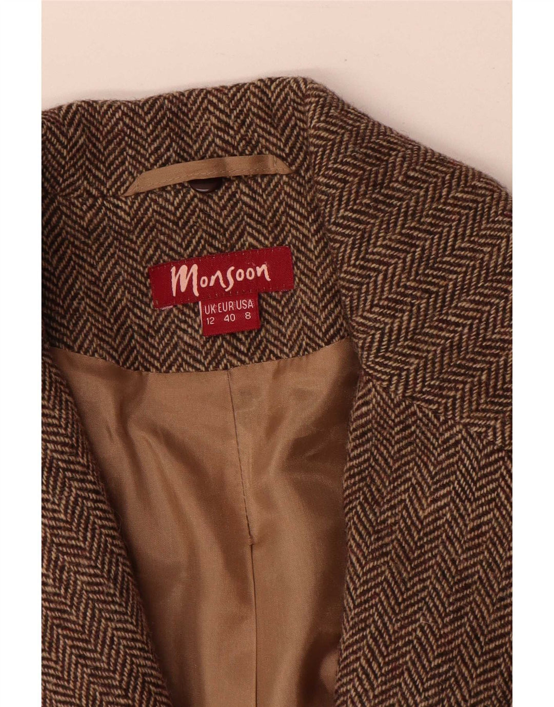 Monsoon Damen-Blazer mit 2 Knöpfen, UK 12, mittelbraune Wolle mit Fischgrätenmuster
