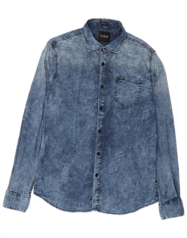 Guess Herren-Jeanshemd mit saurer Waschung, reguläre Passform, mittelblaue Baumwolle