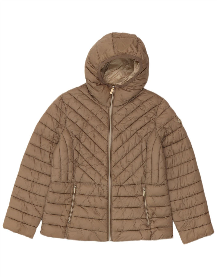 Michael Kors Wattierte Damenjacke mit Kapuze, UK 16, großes braunes Nylon