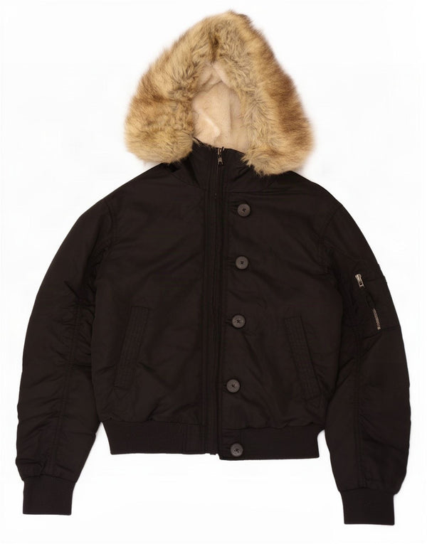 Jack Wills Womens Hooded Oversized Sherpa Jacket UK 6 XS Black Polyester