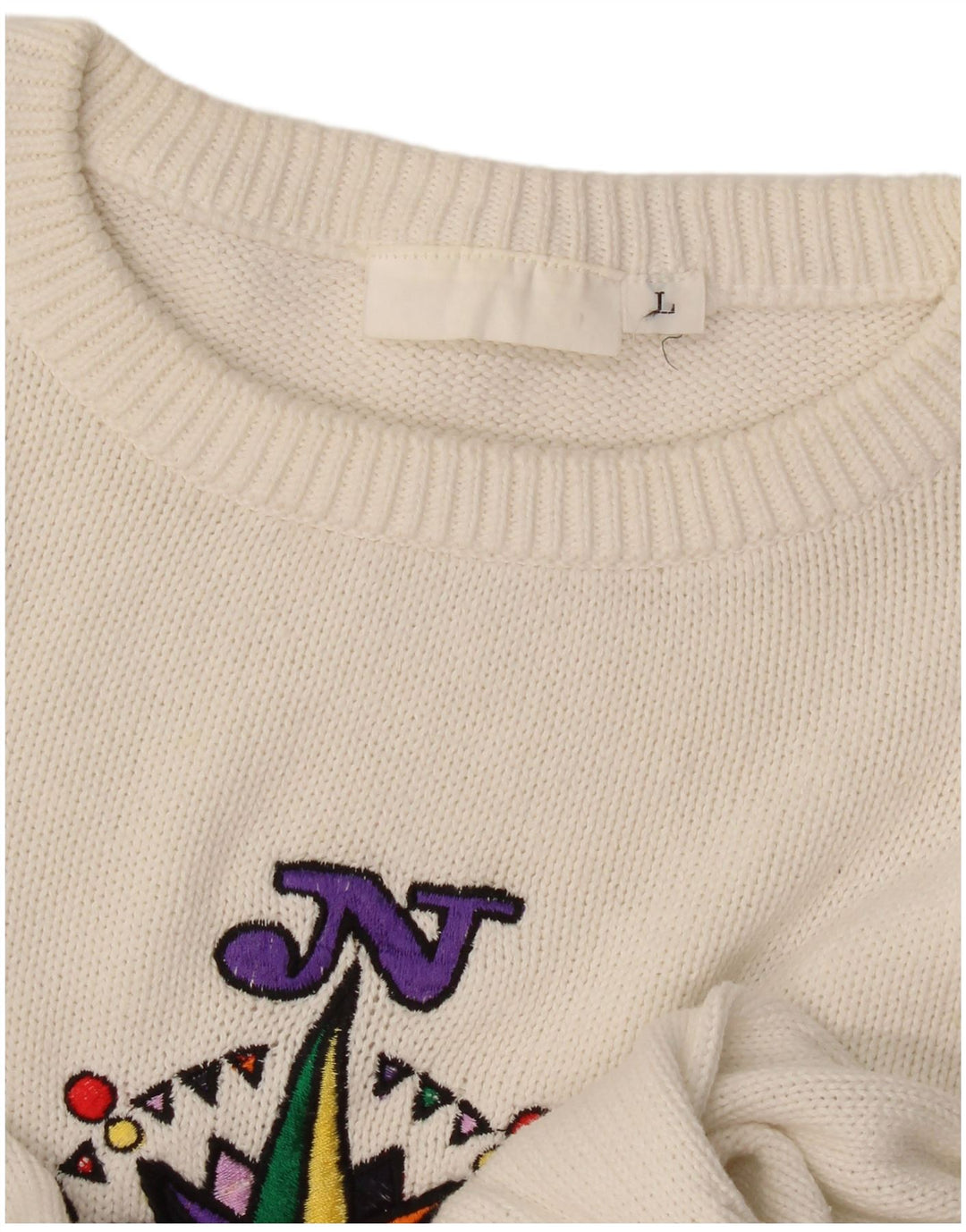 Vintage Damen-Pullover mit Grafik, übergroß, Rundhalsausschnitt, Gr. 16, Weiß