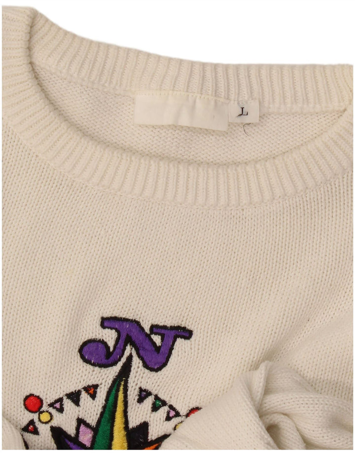Vintage Damen-Pullover mit Grafik, übergroß, Rundhalsausschnitt, Gr. 16, Weiß