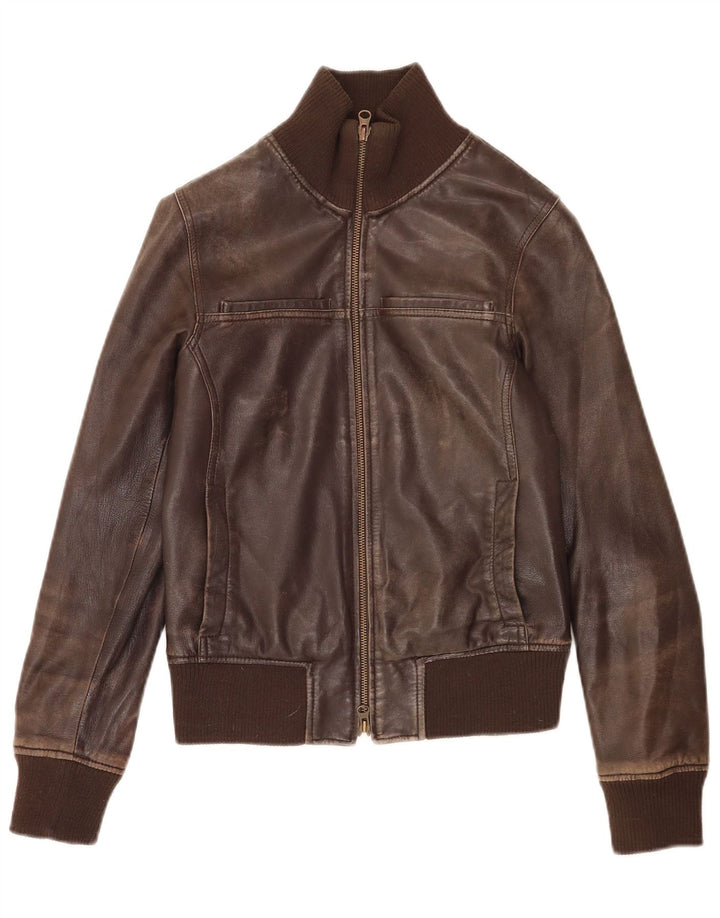 Sisley Damen Bomber-Lederjacke UK 6 XS Braunes Leder