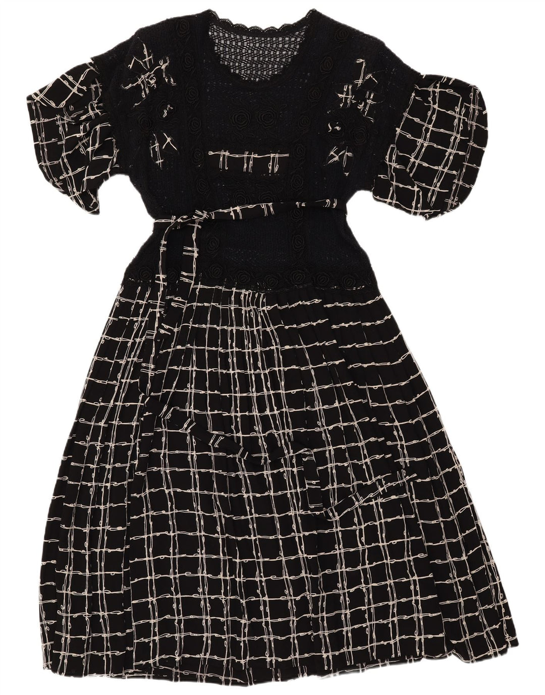 VINTAGE Damen Häkel-Maxikleid UK 12 Mittelschwarz kariert