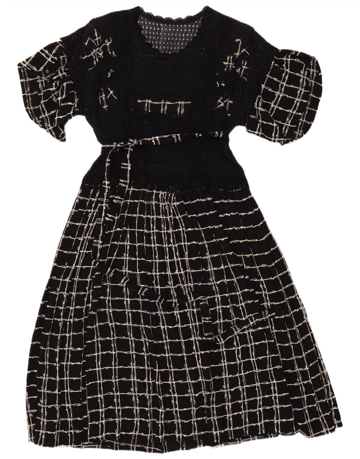 VINTAGE Damen Häkel-Maxikleid UK 12 Mittelschwarz kariert