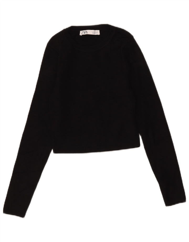 Zara Damen Crop Top Langarm UK 12 Medium Schwarz