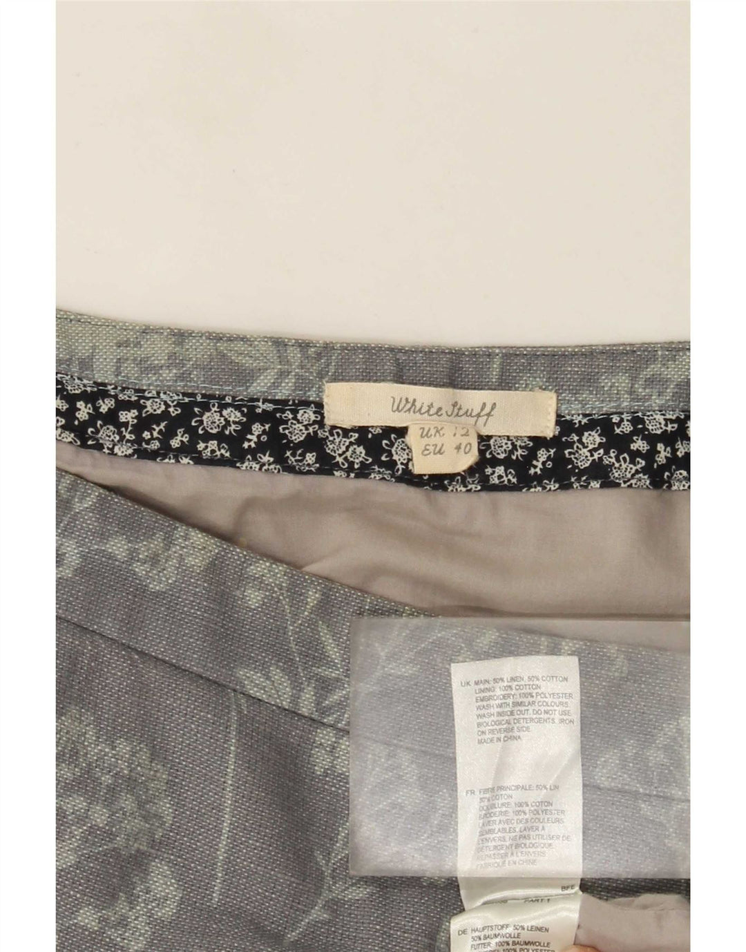 White Stuff Damen Midirock UK 12 Medium W32 Grau geblümtes Leinen