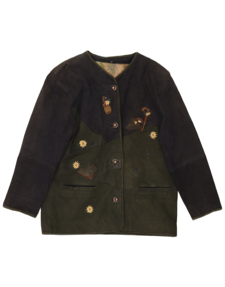 Vintage Damen Lederjacke mit Grafik, EU 42, großes grünes Colourblock-Leder