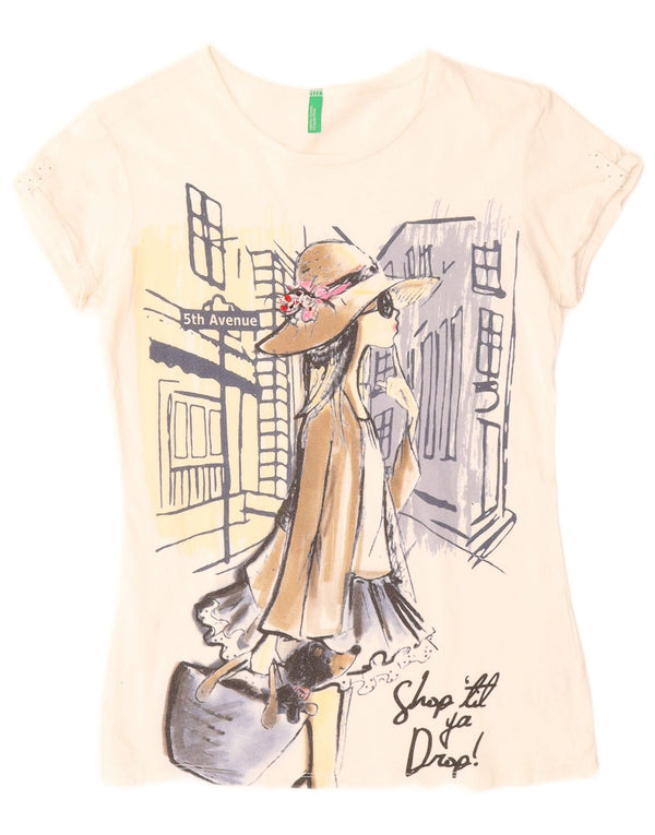 BENETTON Mädchen-T-Shirt mit Grafik, 11–12 Jahre, 2XL, weiße Baumwolle