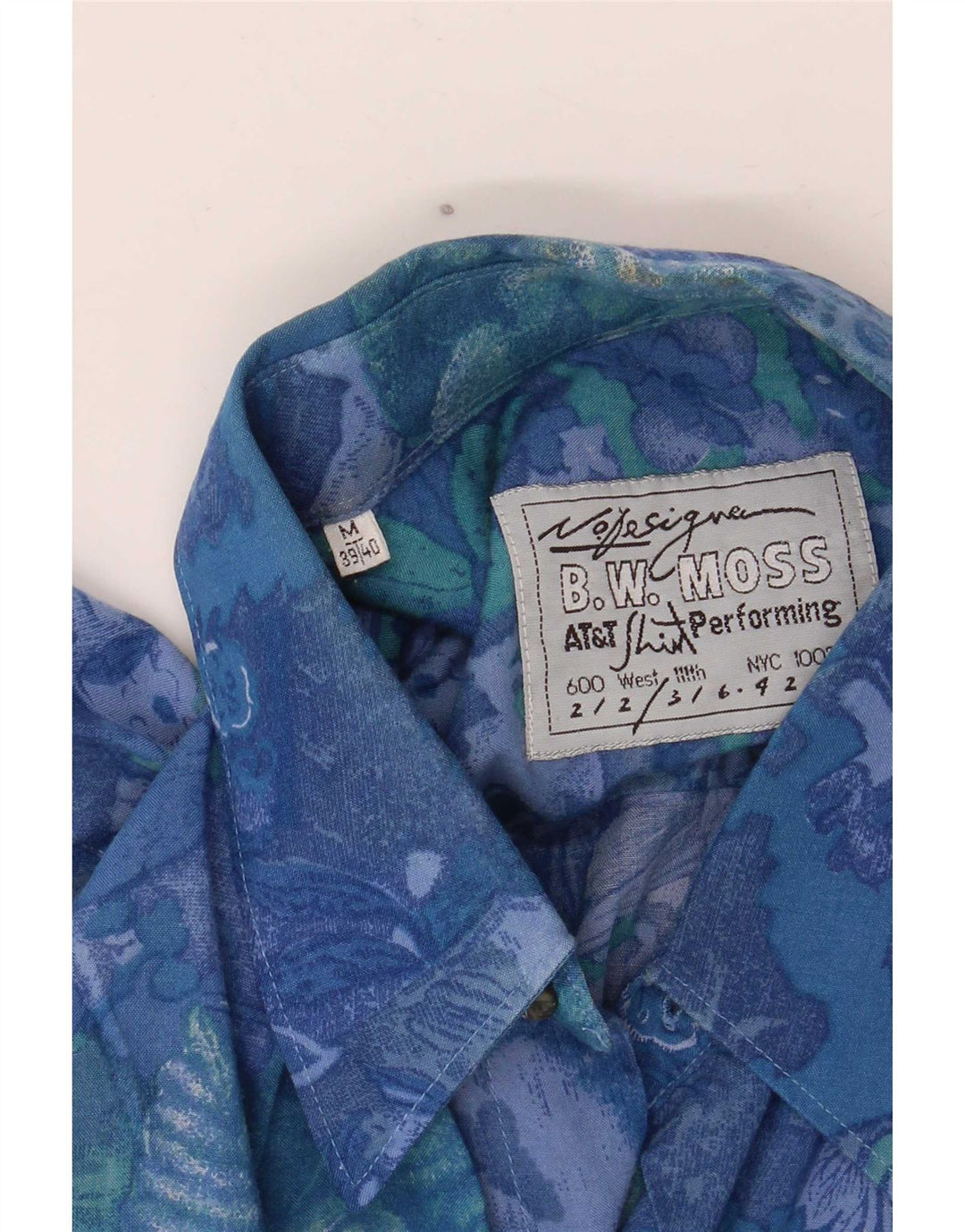 B.W. Moss Herren Kurzarmhemd Größe 38/40 Mittelblau geblümt