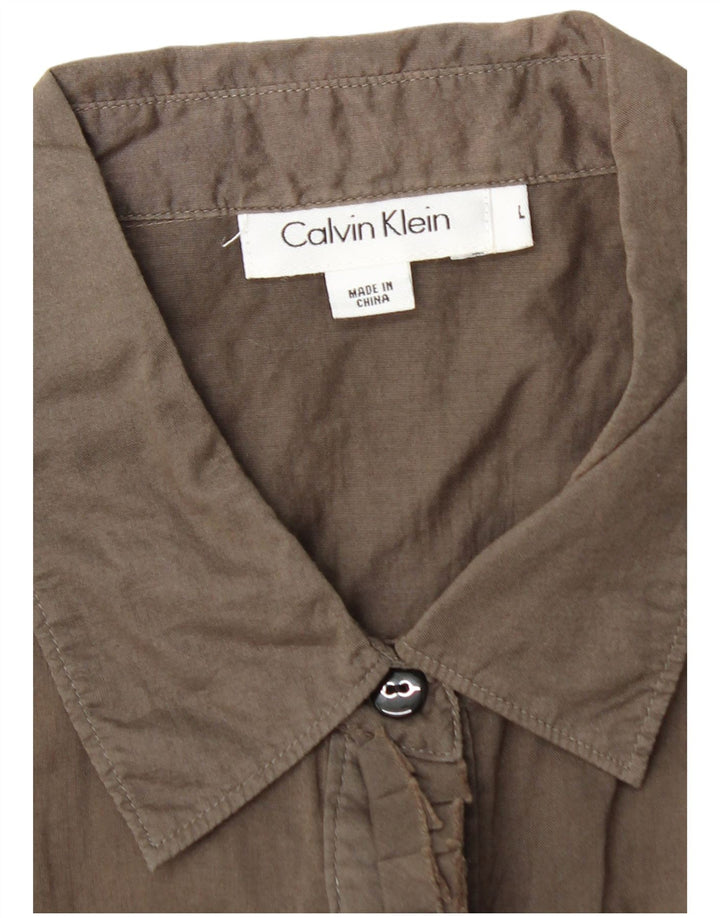 CALVIN KLEIN Damen-Hemd mit 3/4-Ärmeln und Rüschen vorne, UK-Größe 14, Größe L, braune Baumwolle