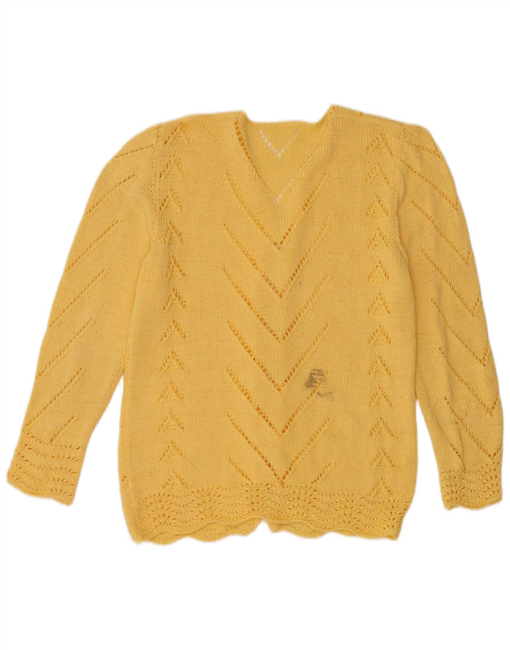 VINTAGE Offener Damen-Cardigan-Pullover UK 12 Mittelgelb