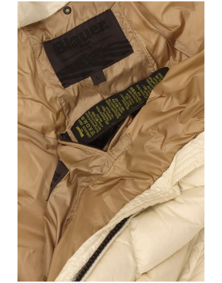 Blauer wattierter Damenmantel mit Kapuze, UK 16, Größe L, weiß, Polyamid