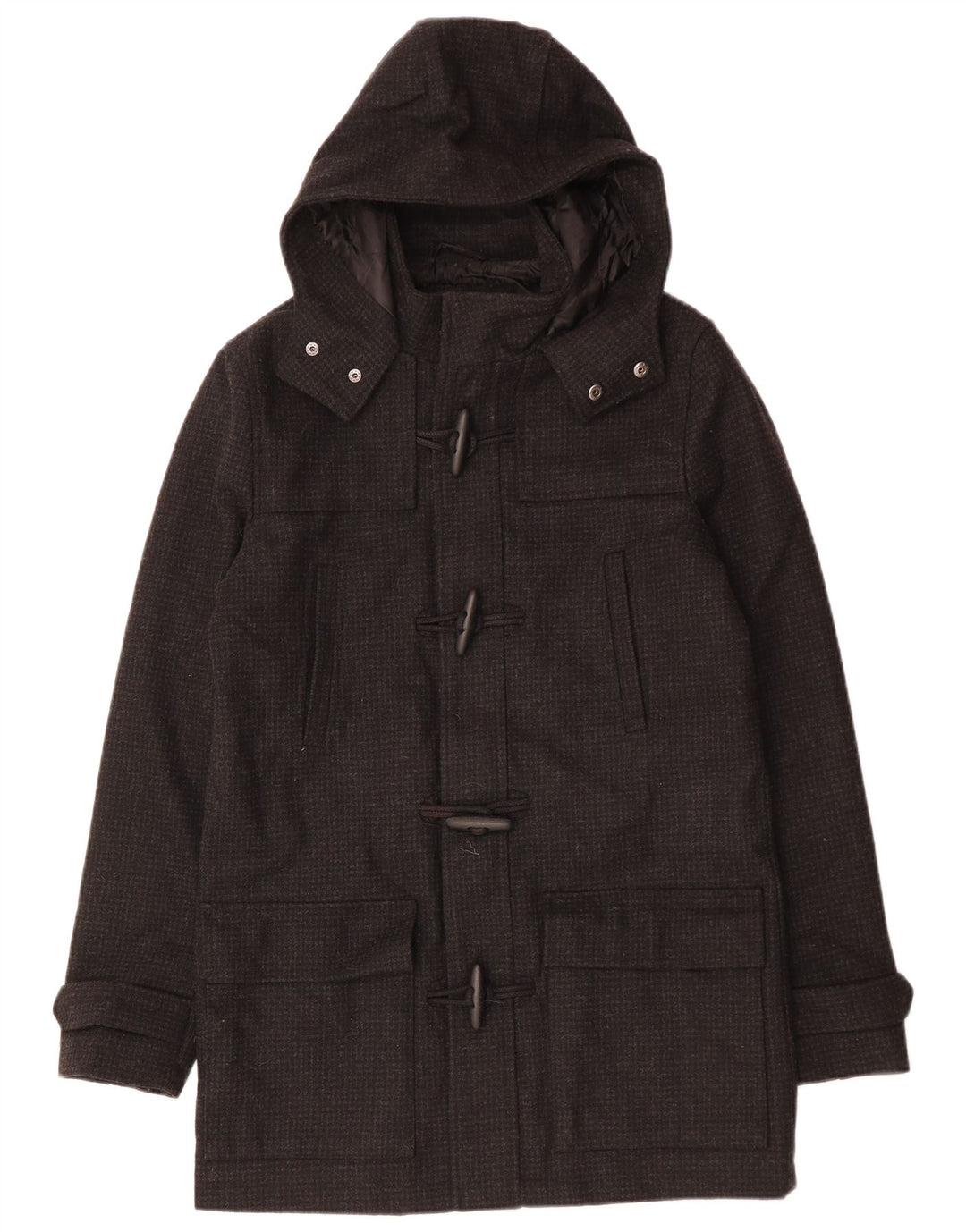 VINTAGE Herren-Dufflecoat mit Kapuze, UK 38, mittlerer schwarzer Hahnentrittmuster