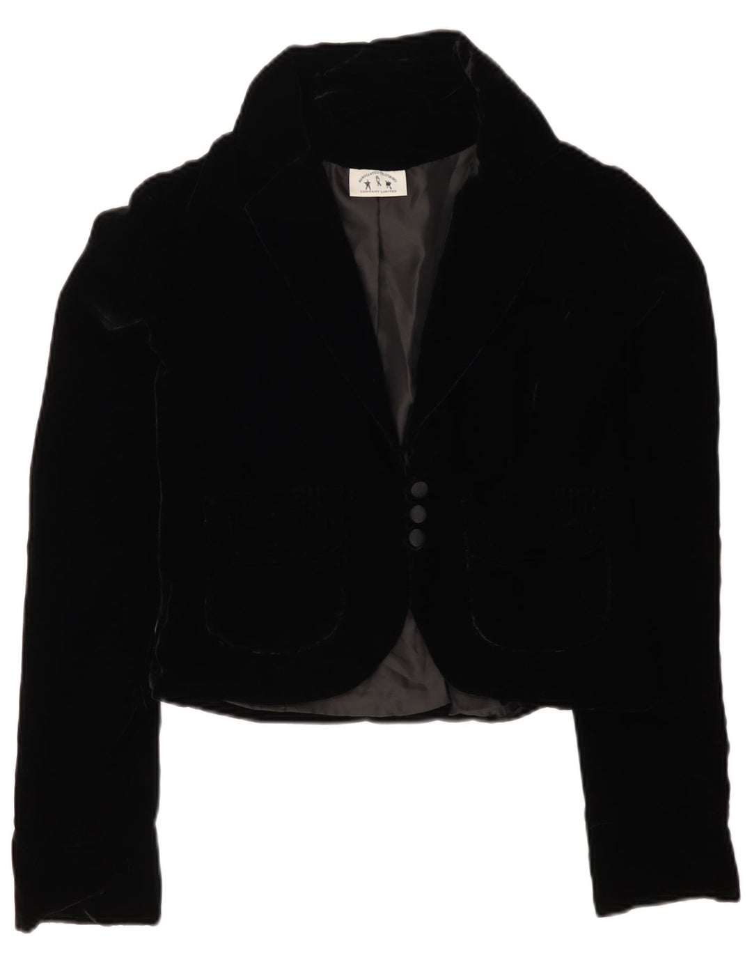 VINTAGE Damen 3-Knopf-Samt-Blazerjacke UK 12 Mittelschwarz