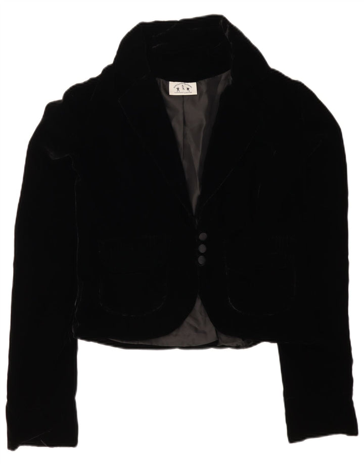 VINTAGE Damen 3-Knopf-Samt-Blazerjacke UK 12 Mittelschwarz