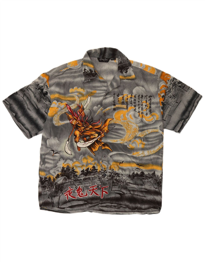 VINTAGE Herren-Grafik-Kurzarmhemd aus mittelgrauer Seide