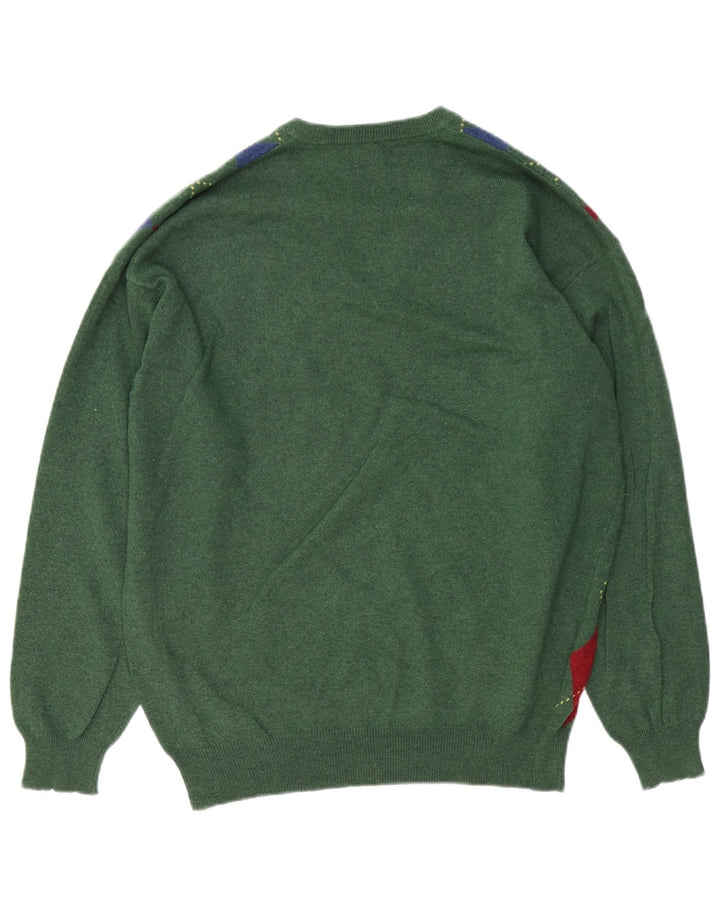 BENETTON Herren-Pullover mit V-Ausschnitt, mittelgrüne Argyle-/Diamond-Wolle