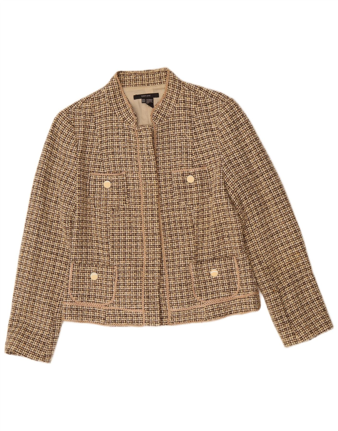 Zara Damen-Blazer-Jacke, EU 42, großes Beige-Karo-Acryl