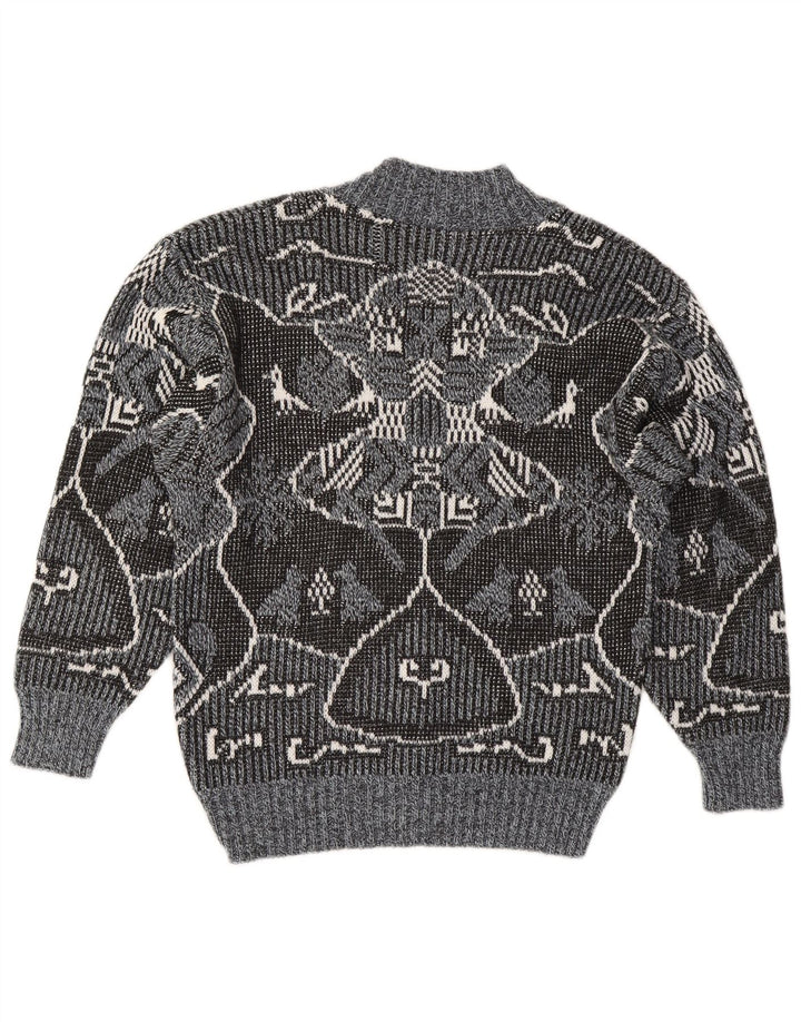 Vintage Damen Pullover mit V-Ausschnitt IT 48 XL Grau Fair Isle Polyacryl