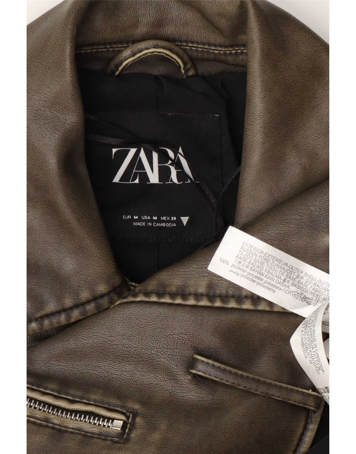 Zara Damen Crop Kunstleder Bikerjacke UK 14 Medium Khaki Polyester