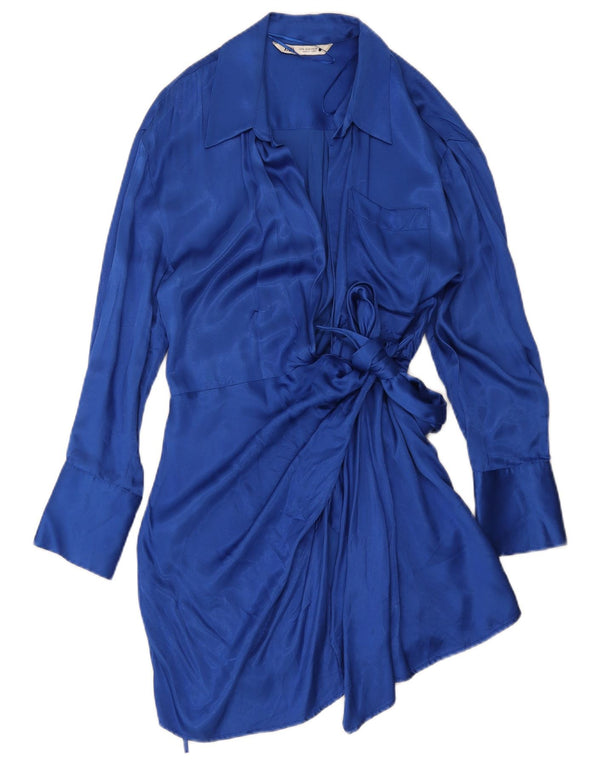 Zara Damen Langarm-Wickelkleid UK 14 Mittelblaue Viskose