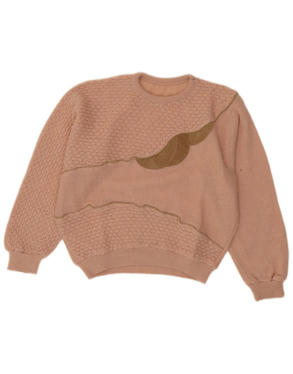 Vintage Damen Pullover mit grafischem Rundhalsausschnitt, UK 14, Mittelrosa, Acryl