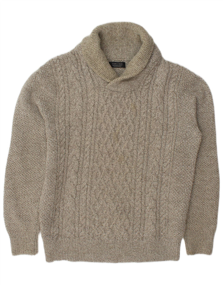 Zara Herren-Pullover mit Schalkragen, mittelbeigefarbenes Acryl