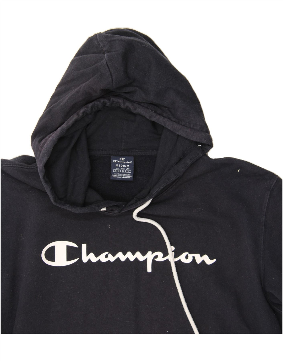 CHAMPION Mens Graphic Hoodie Jumper Medium Navy Blue Cotton Vintage Champion and Second-Hand Champion from Messina Hembry 