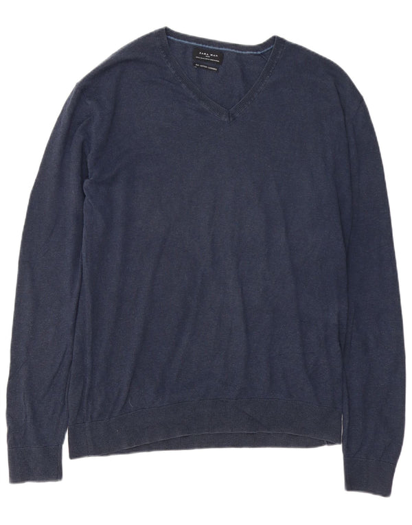 Zara Mens V-Neck Jumper Sweater XL Navy Blue Cotton