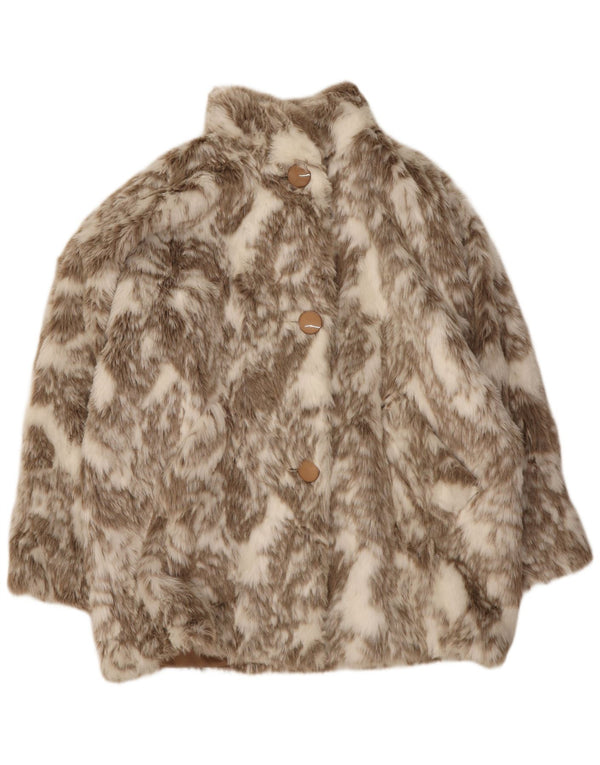 Vintage Damen Übergroßer Kunstfellmantel EU 46 XL Off White Animal Print