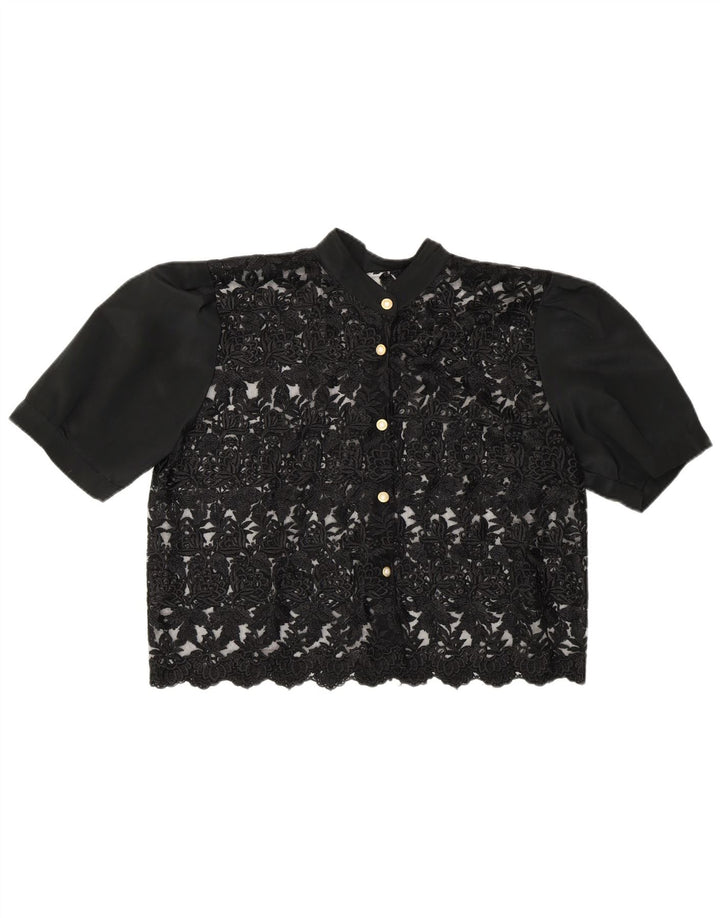 Vintage Damen Crop See Through Hemdbluse UK 14 Mittelschwarz geblümt
