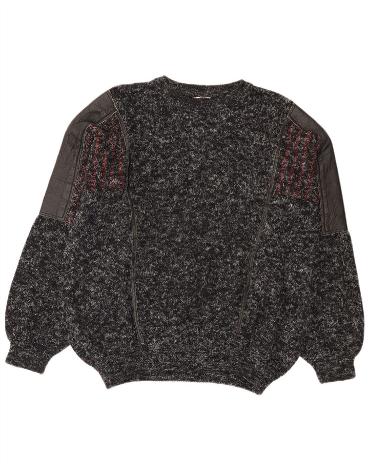 Vintage Herren Pullover mit Rundhalsausschnitt, groß, schwarz, Patchwork-Wolle