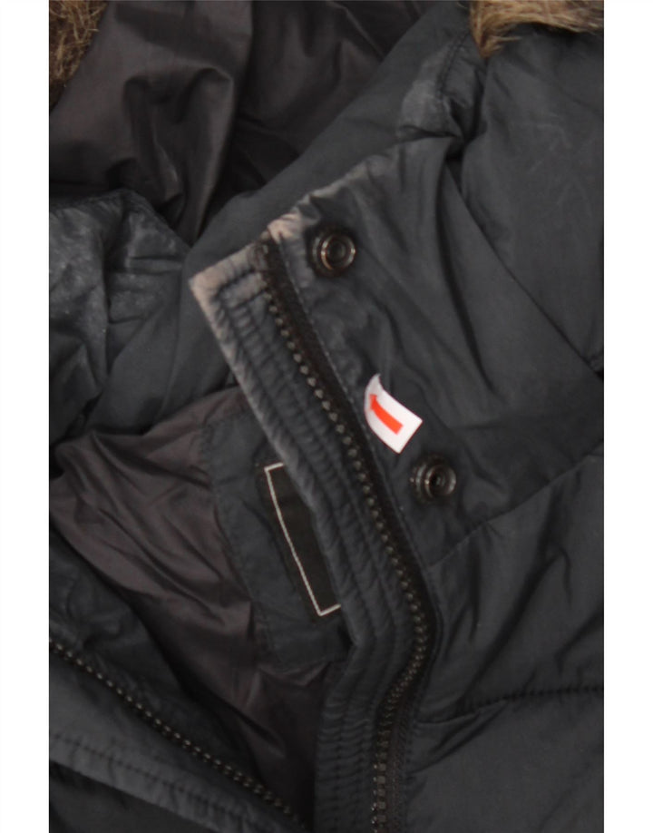 SUPERDRY Wattierter Damenmantel mit Kapuze, UK 14, Größe L, schwarzes Nylon