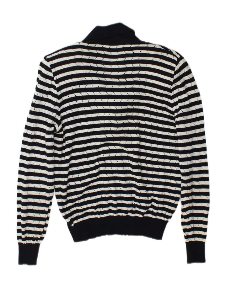 VINTAGE Womens Front Tie Cardigan Sweater UK 14 Medium Navy Blue Striped Vintage Vintage and Second-Hand Vintage from Messina Hembry 