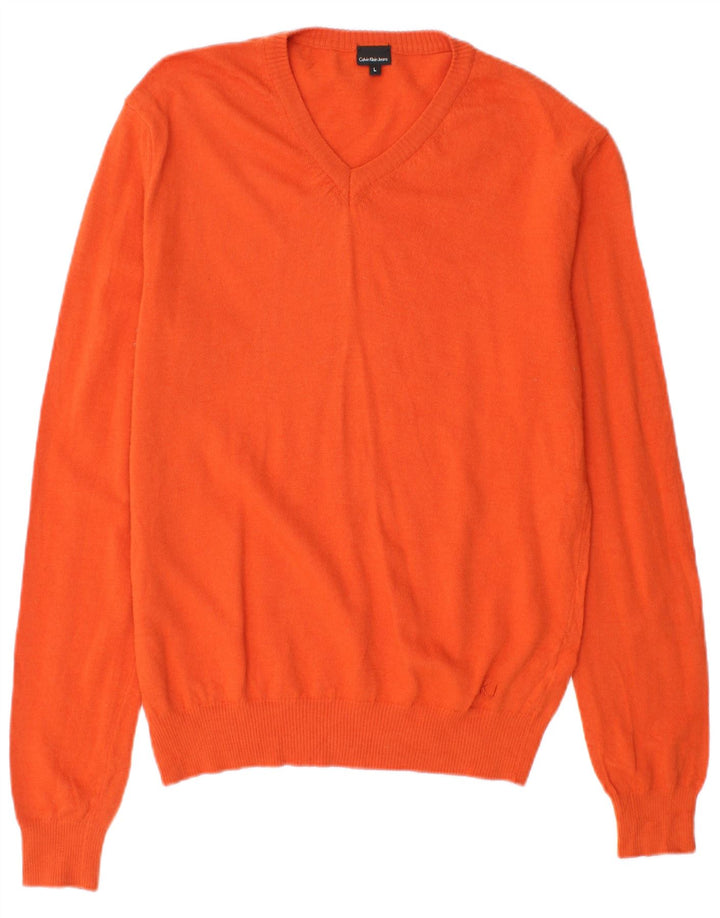 CALVIN KLEIN JEANS Damen Pullover mit V-Ausschnitt UK 14 Große orange Wolle