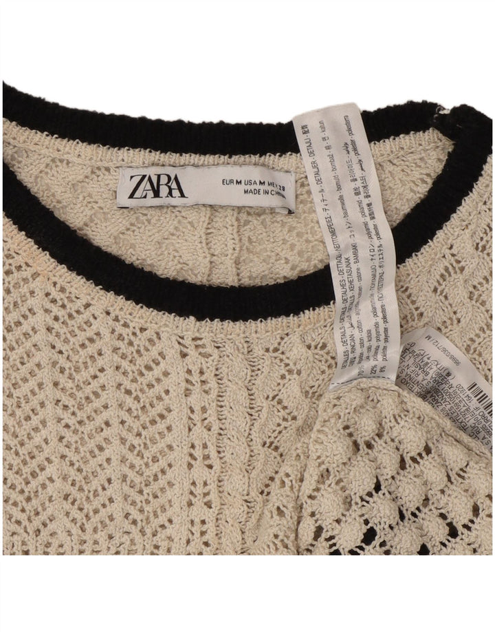 Zara Damen Crop Knit Bluse Top UK 12 Mittelbeige Baumwolle
