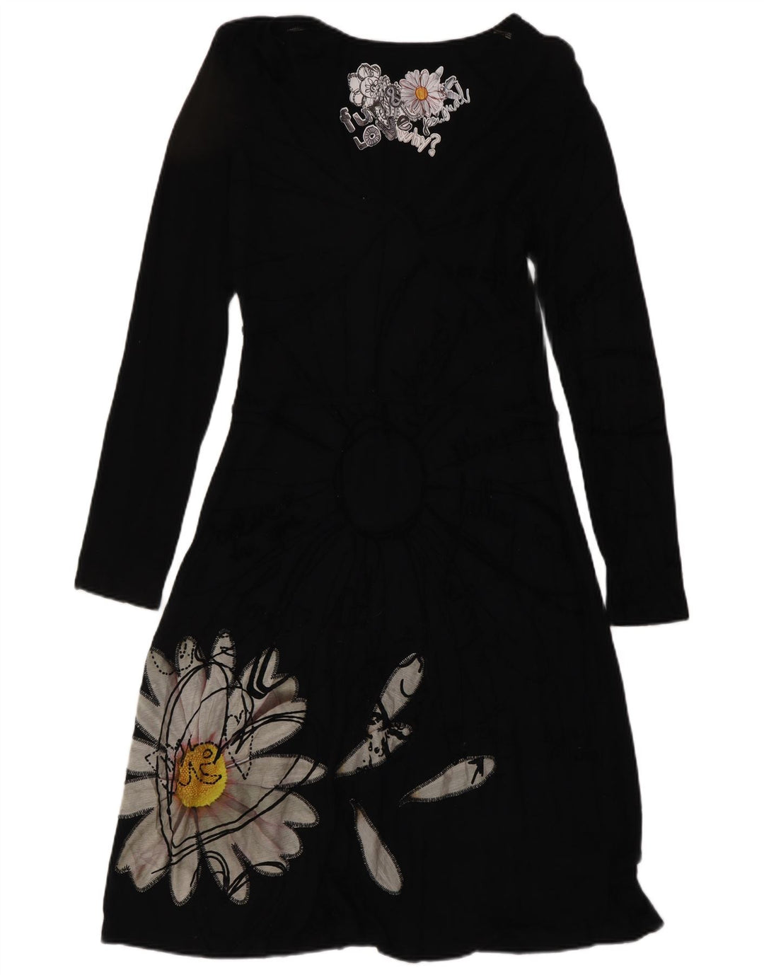 Desigual Damen Langarm-Basic-Kleid UK 14 Große schwarze Viskose mit Blumenmuster