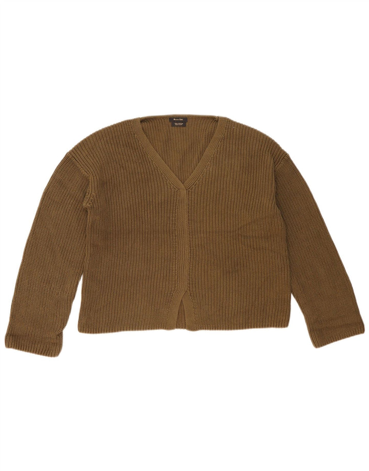 Massimo Dutti Damen-Pullover mit V-Ausschnitt, UK 14, mittelbraune Baumwolle