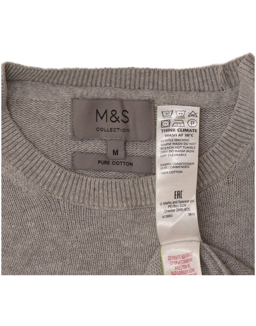 Marks & Spencer Herren-Pullover mit Rundhalsausschnitt, mittelgraue Baumwolle