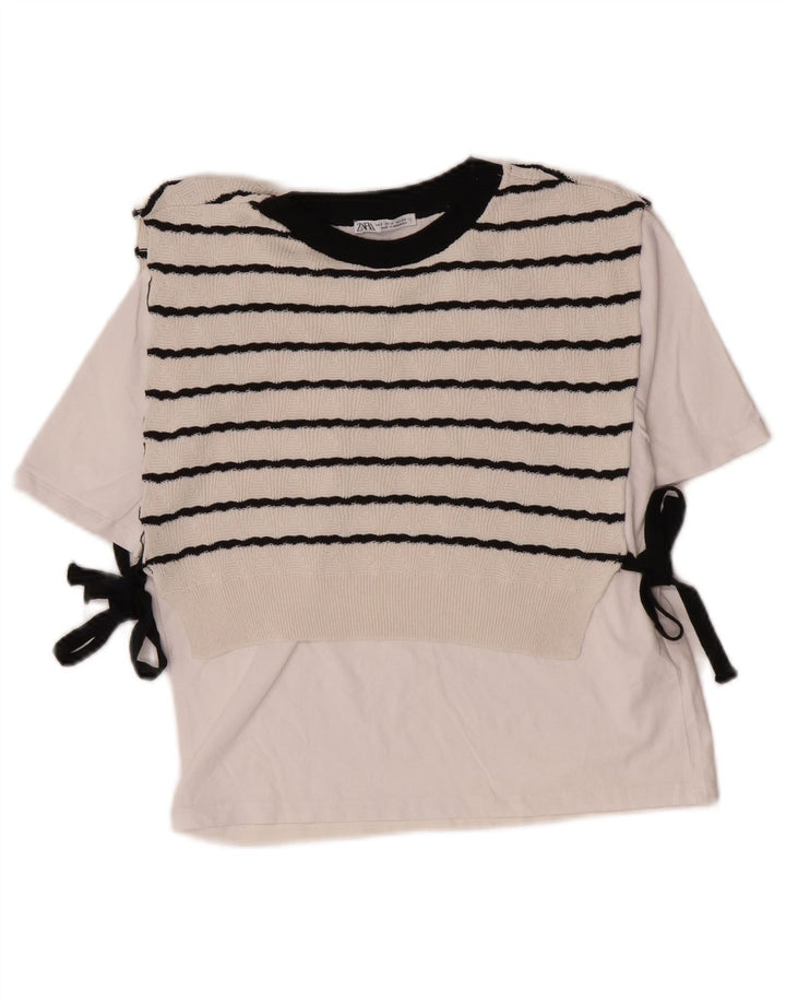 Zara Damen Crop Bluse Top UK 10 Small weiß gestreift Baumwolle