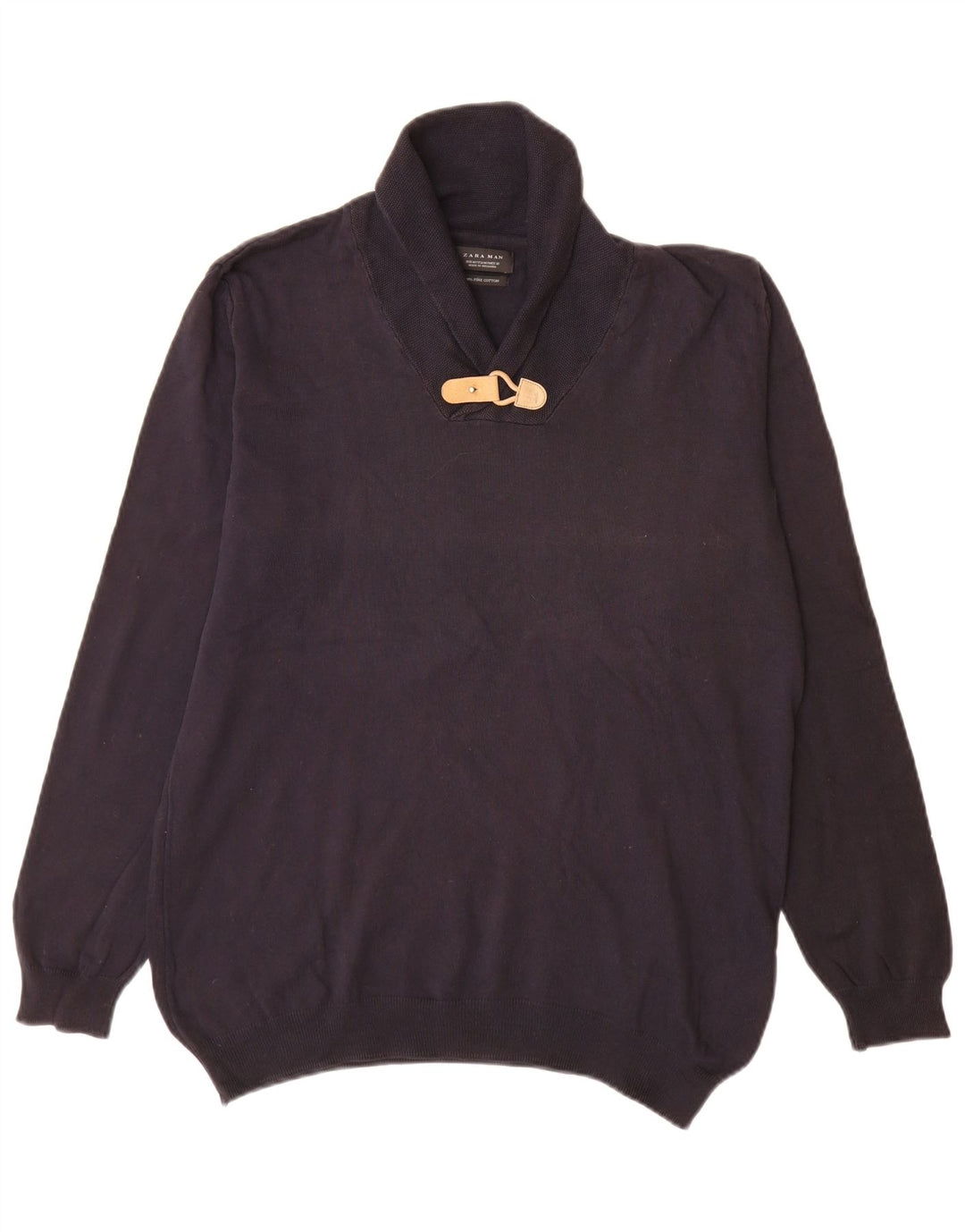 Zara Herren-Pullover mit Schalkragen, mittlere marineblaue Baumwolle