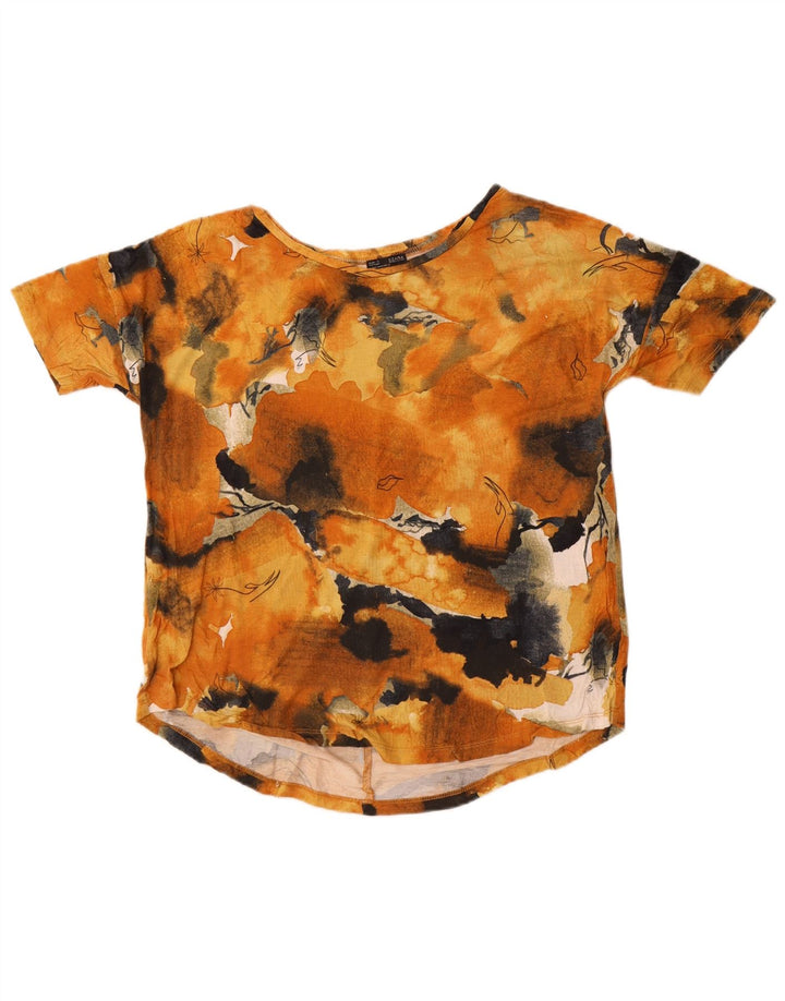 Zara Damen-T-Shirt mit abstraktem Muster, UK-Gr. 14, mittlere orangefarbene Viskose mit Blumenmuster