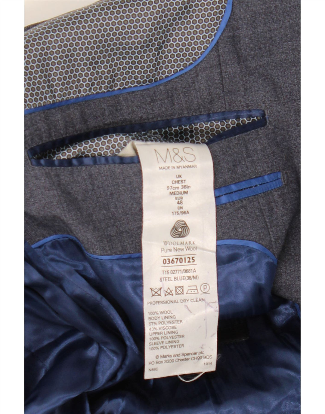 Marks & Spencer Herren-Blazer mit 1 Knopf, UK 38, mittelblaue Wolle