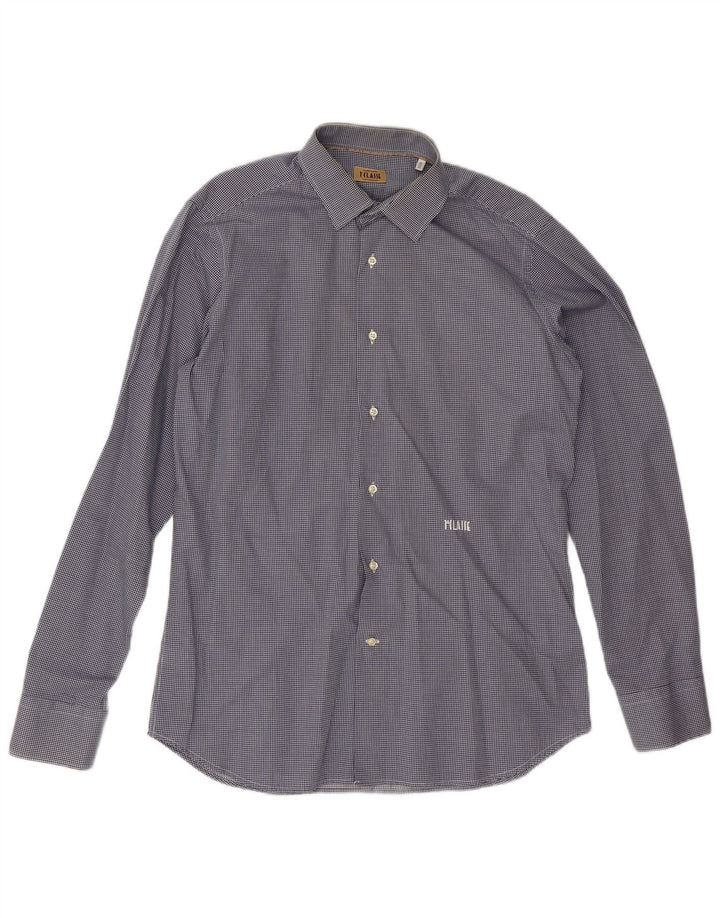 ALVIERO MARTINI Herrenhemd Größe 16 41 Große marineblaue Gingham-Baumwolle