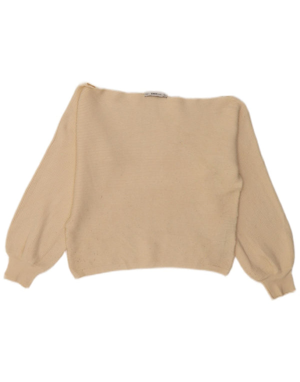 Zara Damen Crop-Pullover mit U-Boot-Ausschnitt, UK 16, Größe L, cremefarbene Viskose
