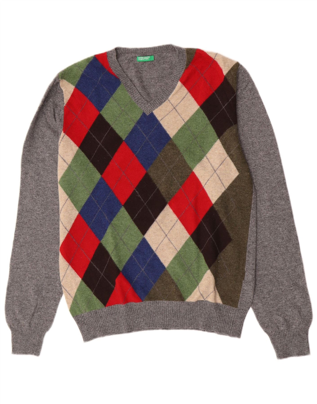 Benetton Herren-Pullover mit V-Ausschnitt, mittelgraue Argyle-/Diamantwolle