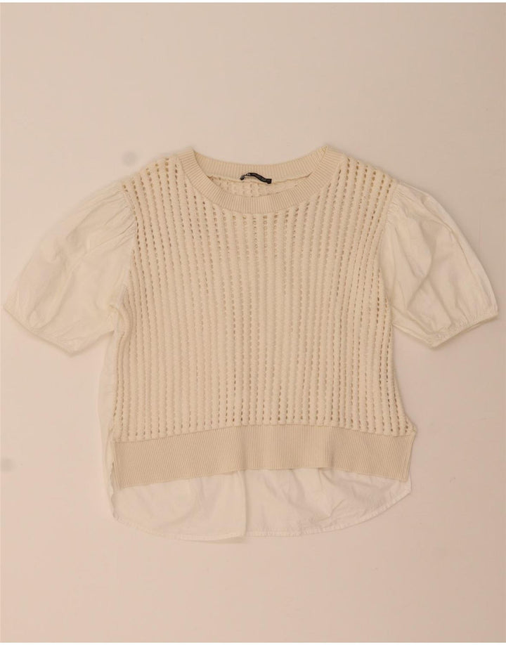 Zara Damen-Häkelblusenoberteil, UK-Größe 44, mittelweiße Baumwolle