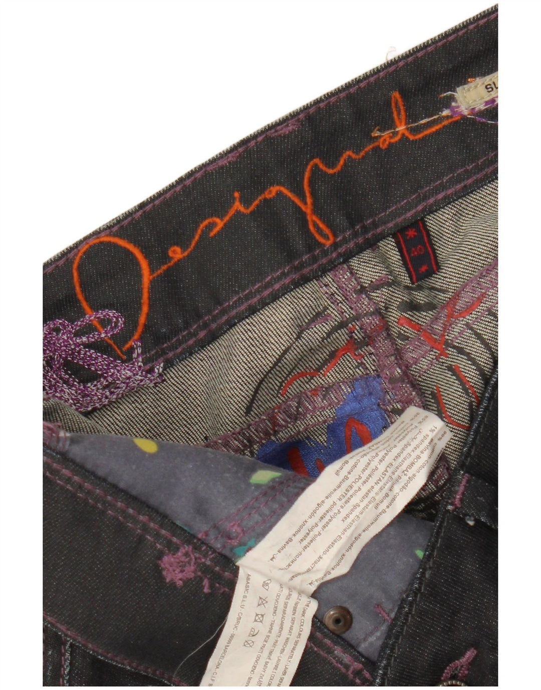 Desigual Damen Graphic Slim Jeans EU 40 Medium W32 L35 Schwarze Baumwolle