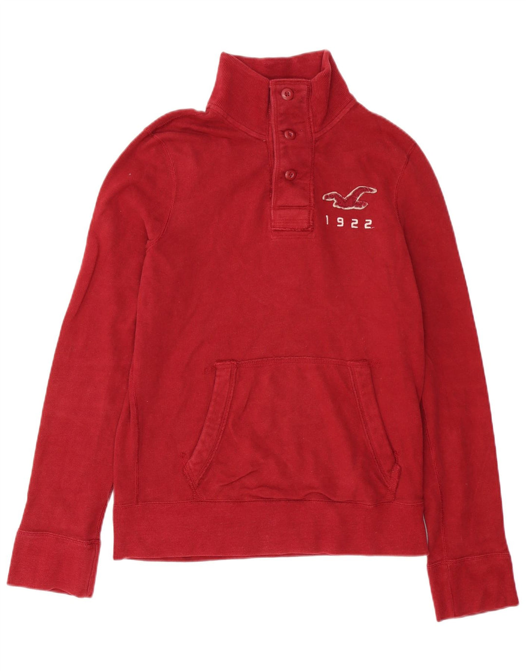 Hollister Herren-Sweatshirt mit grafischem Knopfkragen, mittelrote Baumwolle